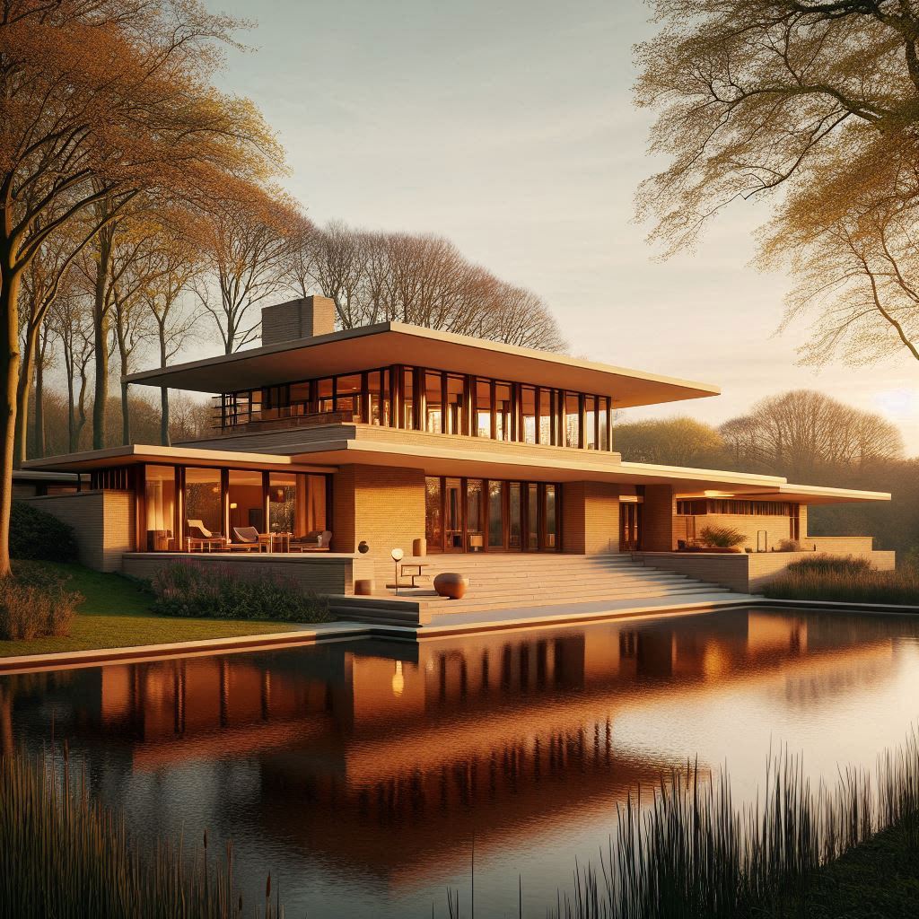 Villa aan het water bij zonsondergang, horizontale daklijnen, warm interieurlicht