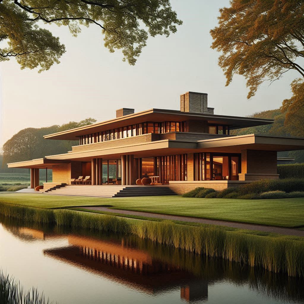 Villa met uitkragende daken en lange veranda, grasveld en beukenhaag op de achtergrond