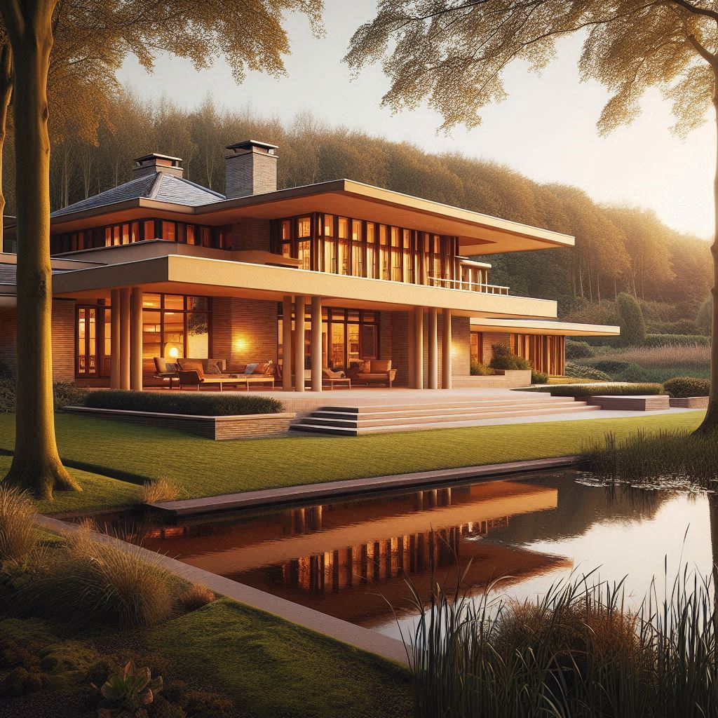 Villa met open veranda en slanke kolommen in avondlicht